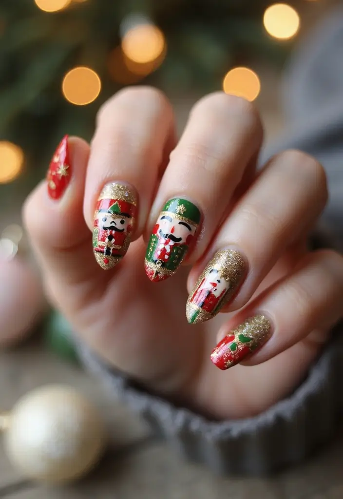 50 Holiday Nail Ideas for Seasonal Sparkling Celebrations - 20. Sparkly Nutcracker Design