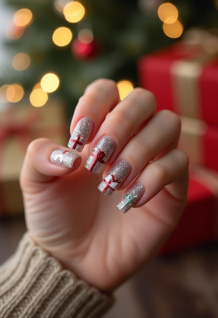 50 Holiday Nail Ideas for Seasonal Sparkling Celebrations - 24. Glittering Gifting Nail Art