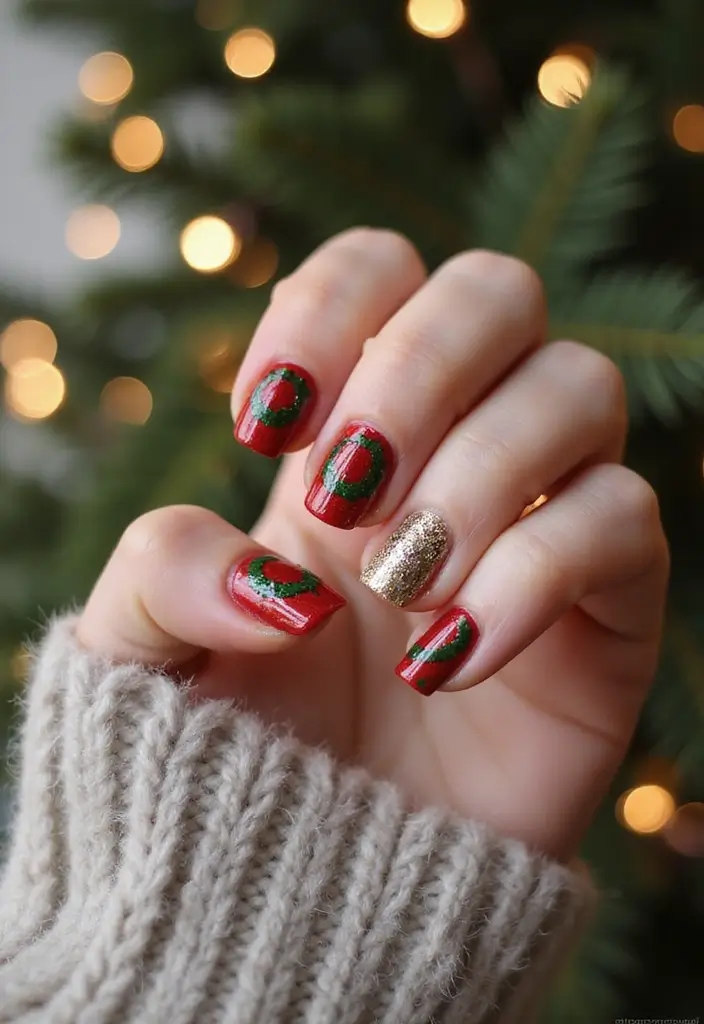 50 Holiday Nail Ideas for Seasonal Sparkling Celebrations - 27. Holiday Wreaths