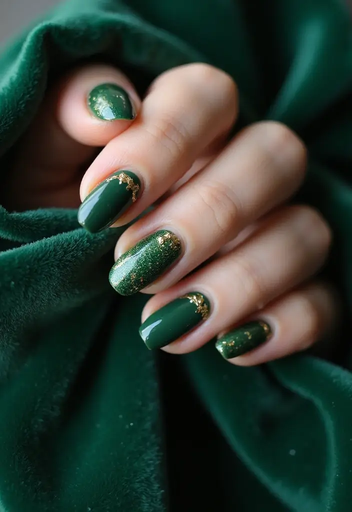 50 Holiday Nail Ideas for Seasonal Sparkling Celebrations - 3. Deep Green with Gold Foil Accents