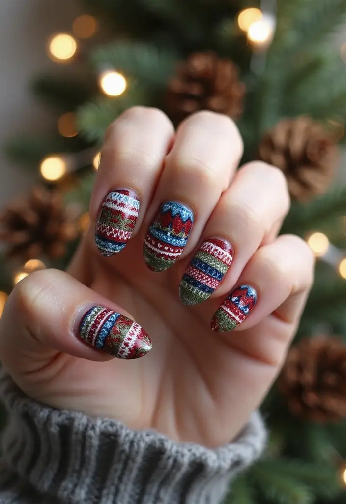 50 Holiday Nail Ideas for Seasonal Sparkling Celebrations - 37. Colorful Winter Sweater Cuffs