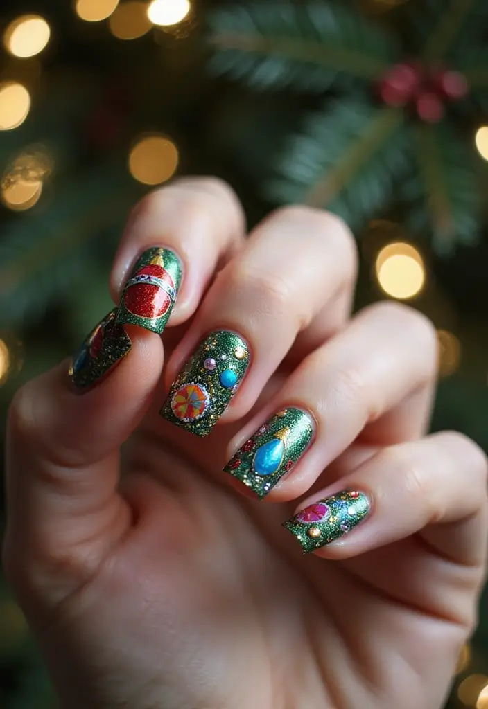50 Holiday Nail Ideas for Seasonal Sparkling Celebrations - 43. Festive Colorful Ornaments