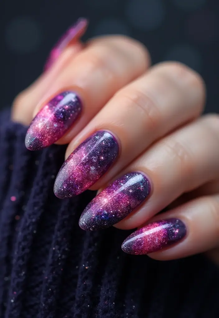 50 Playful Pink Nail Ideas for Girly - 14. Glittery Galaxies