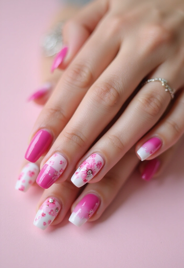 50 Playful Pink Nail Ideas for Girly - 17. Patchwork Patterns