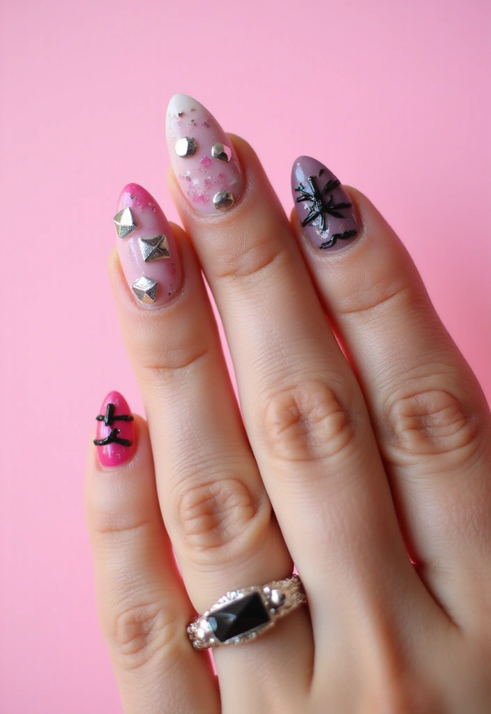 50 Playful Pink Nail Ideas for Girly - 24. Edgy Studded Nails