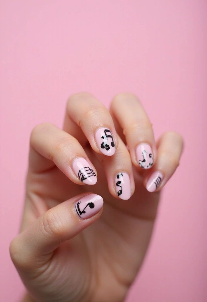 50 Playful Pink Nail Ideas for Girly - 27. Sweet Musical Notes