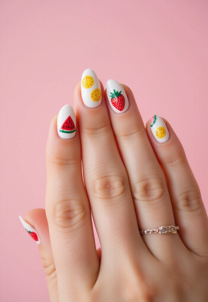 50 Playful Pink Nail Ideas for Girly - 31. Playful Fruit Designs