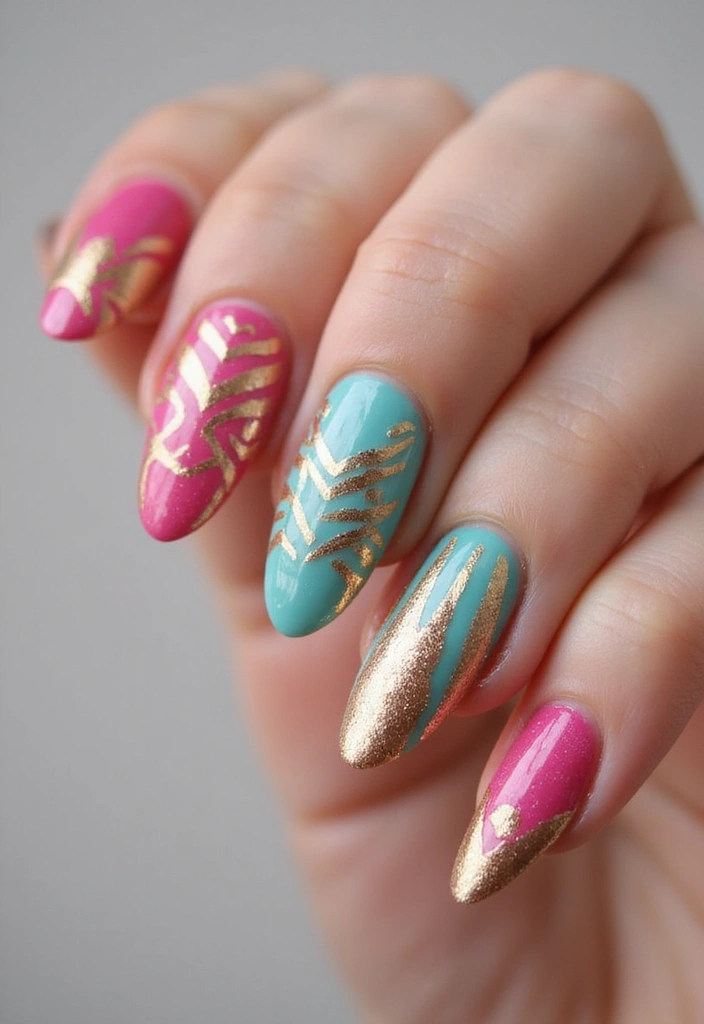 50 Playful Pink Nail Ideas for Girly - 32. Vibrant Tribal Patterns