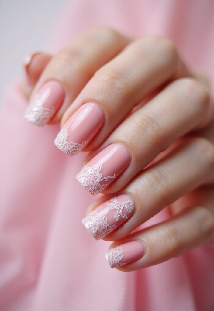 50 Playful Pink Nail Ideas for Girly - 34. Sweet Lace Patterns