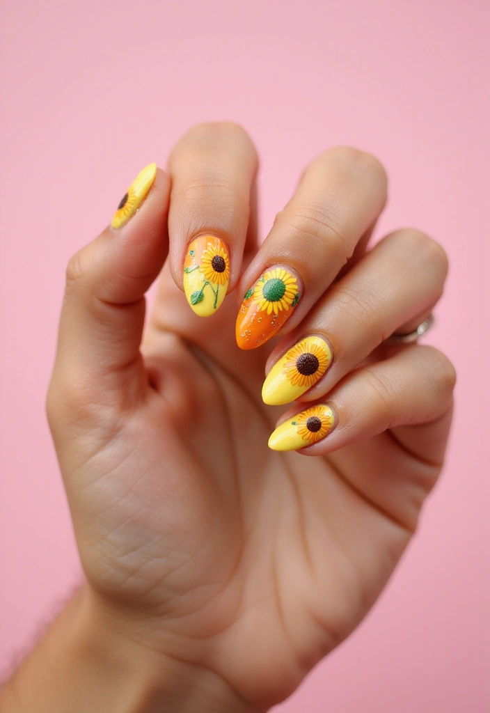 50 Playful Pink Nail Ideas for Girly - 46. Creative Sunflowers