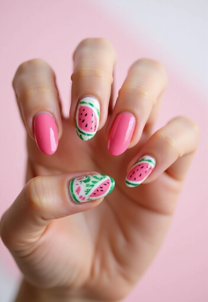 50 Playful Pink Nail Ideas for Girly - 47. Sweet Watermelon