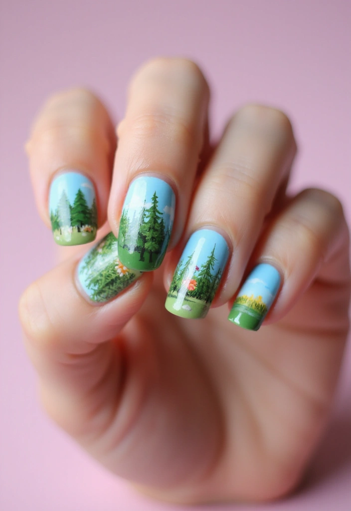 50 Playful Pink Nail Ideas for Girly - 48. Fun Nature Scenes