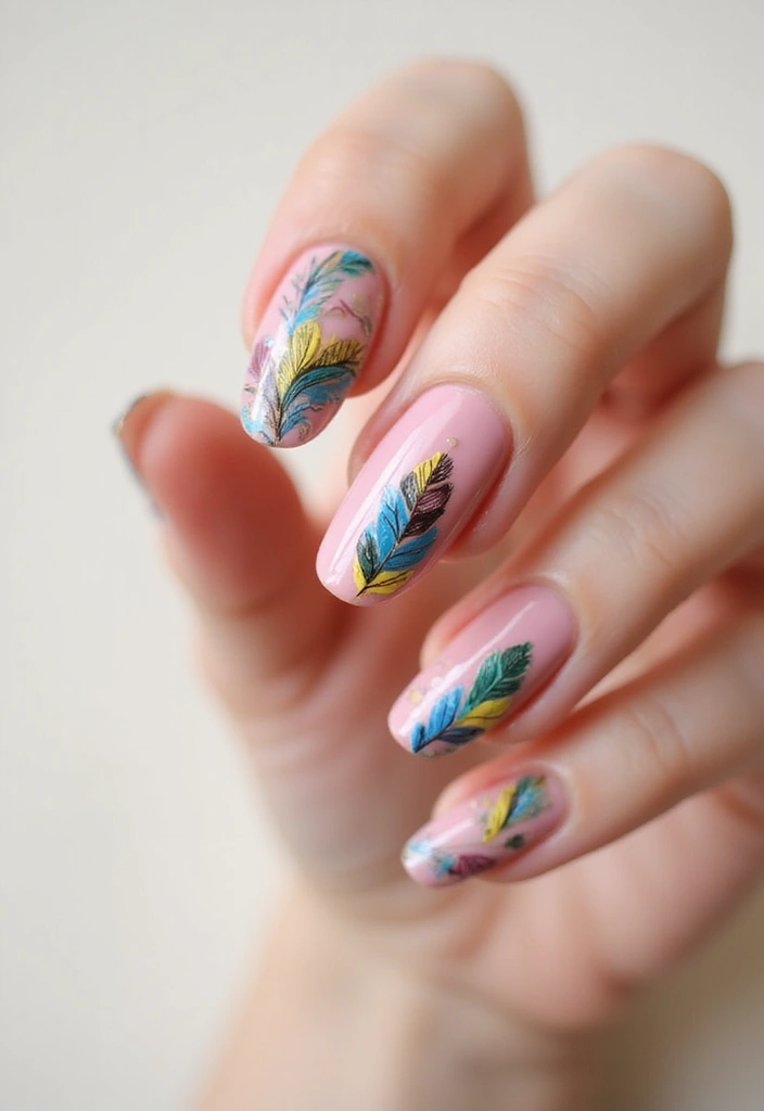 50 Pretty Pink Nail Ideas for Sweet - 49. Colorful Feathers