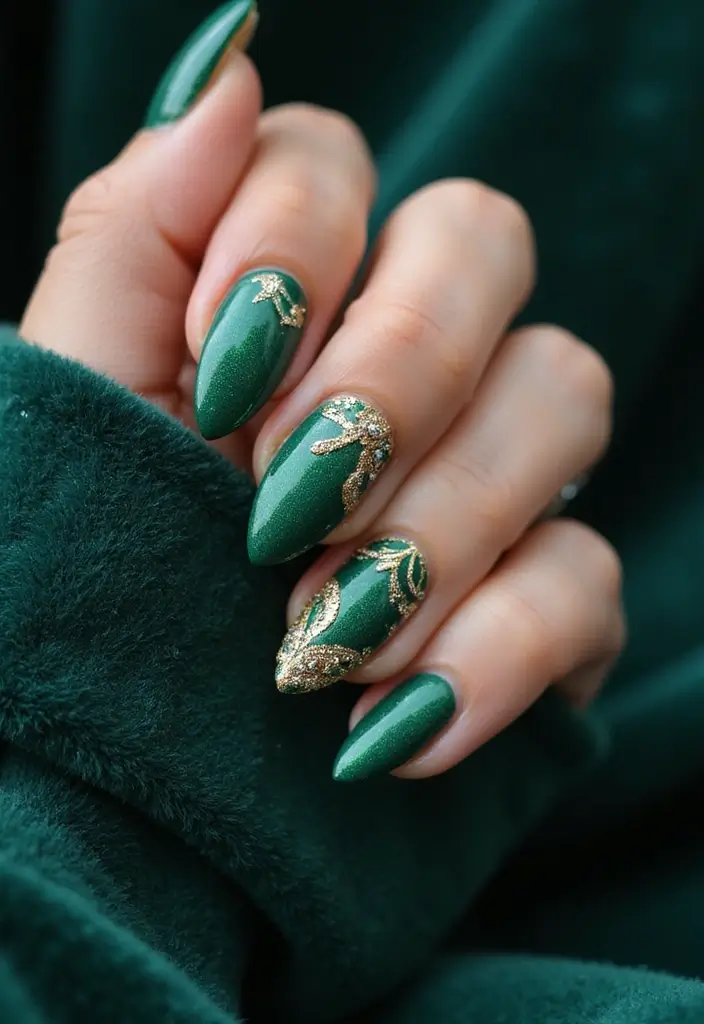 50 Simple Acrylic Nail Ideas for Everyday - 24. Emerald and Gold Elegance