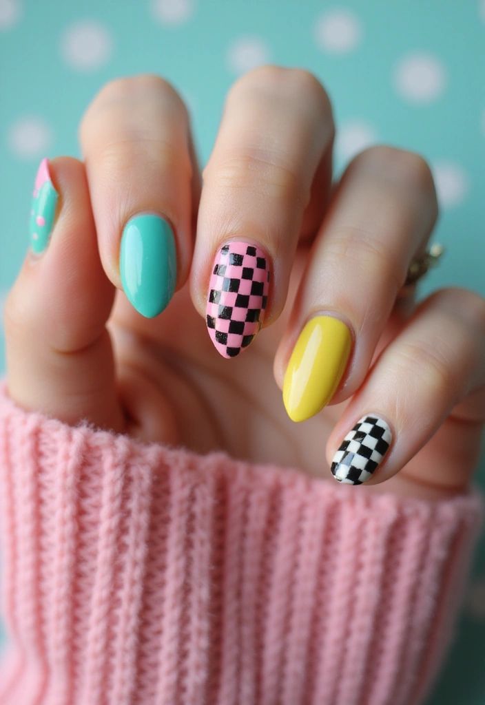 50 Simple Acrylic Nail Ideas for Everyday - 39. Retro Checkerboard