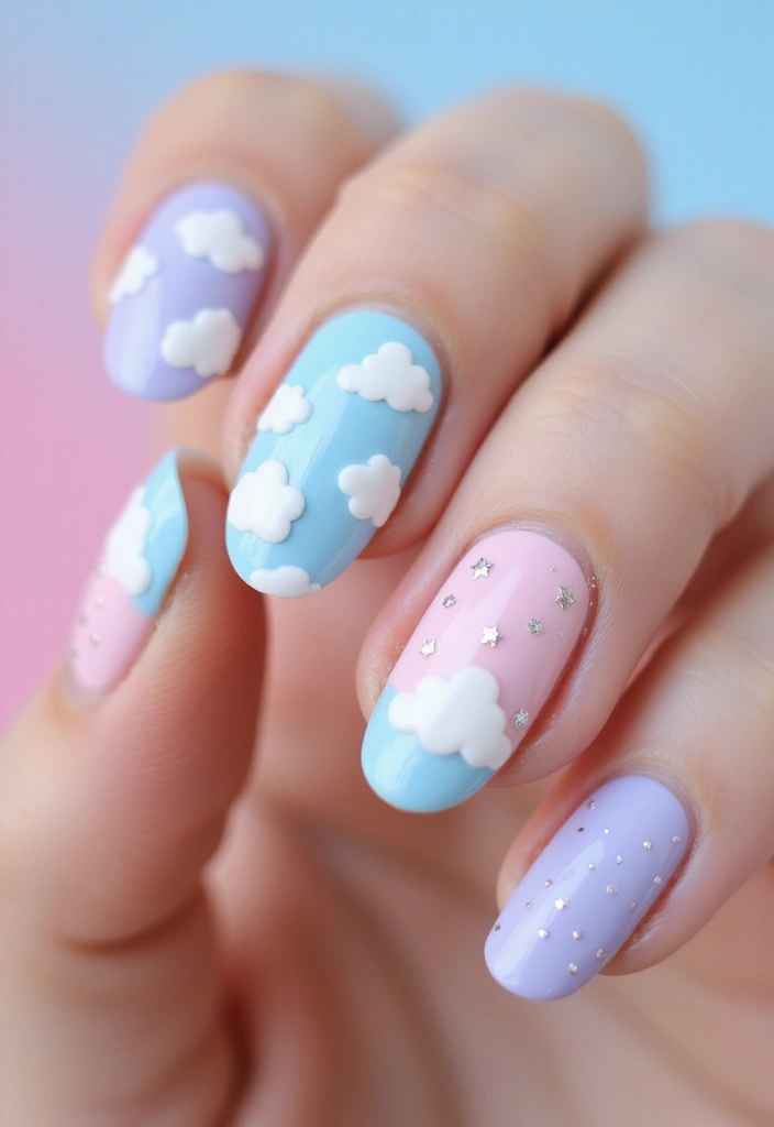 50 Versatile Acrylic Nail Ideas for All Lengths and Lifestyles - 36. Whimsical Cloud Designs