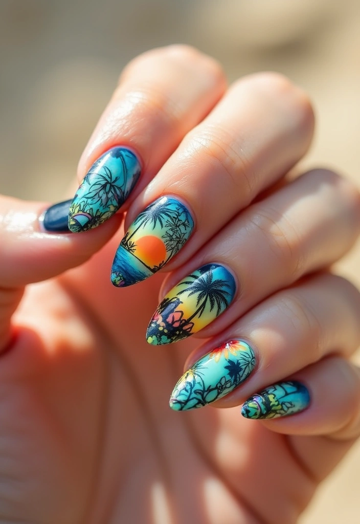 50 Versatile Acrylic Nail Ideas for All Lengths and Lifestyles - 41. Tropical Vibes with Palm Trees