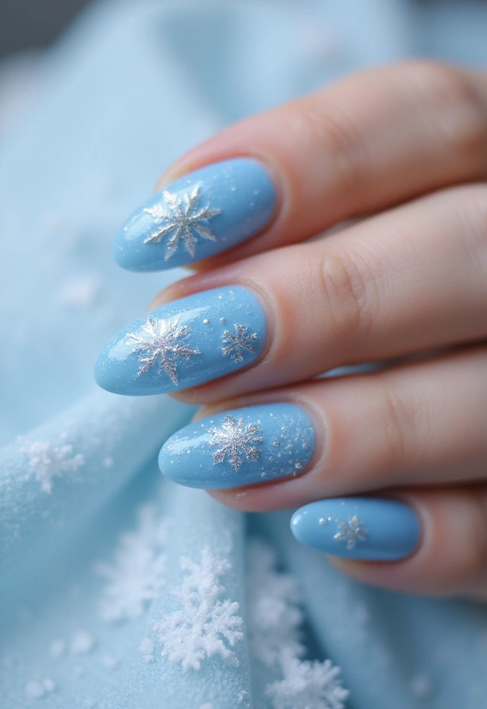 50 Versatile Blue Nail Ideas for Every Mood and Epic Moment - 13. Icy Blue with Snowflakes