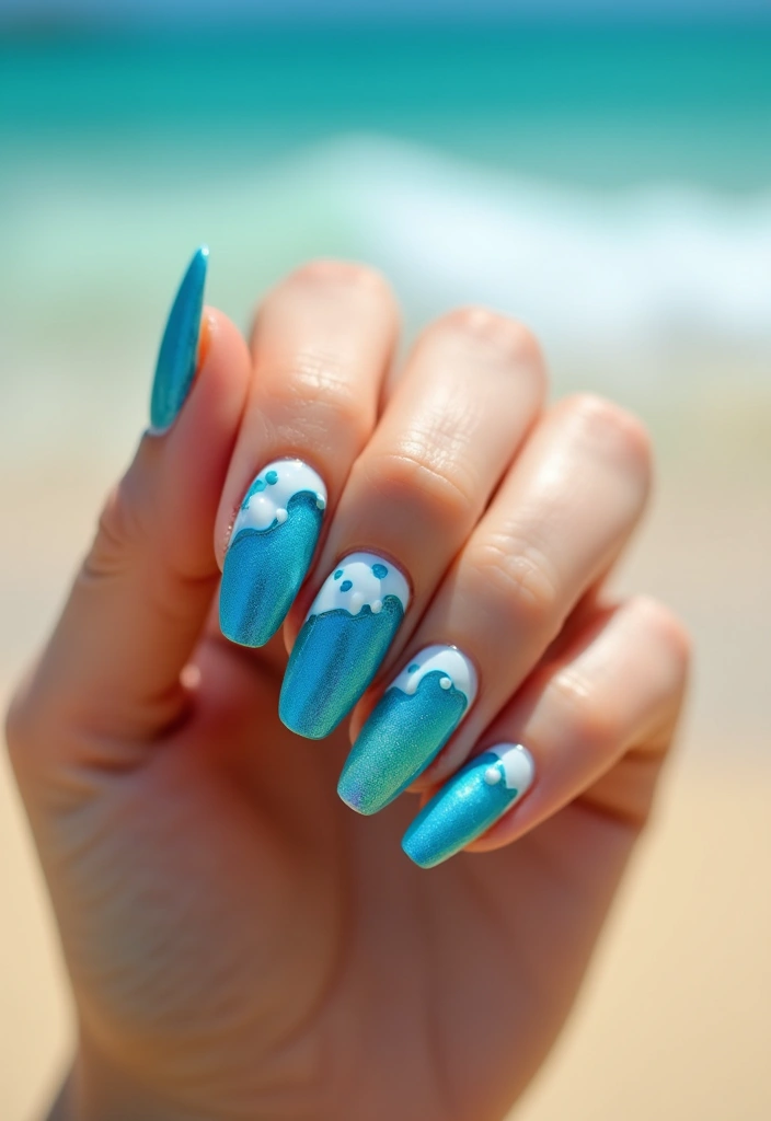 50 Versatile Blue Nail Ideas for Every Mood and Epic Moment - 14. Ocean Wave Design