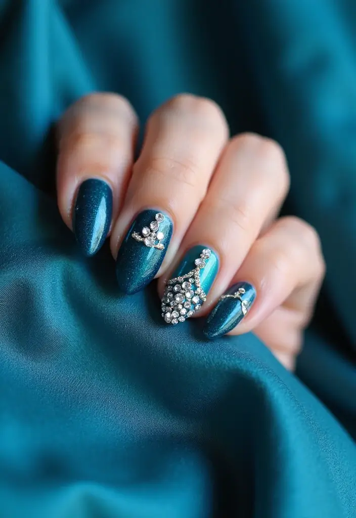 50 Versatile Blue Nail Ideas for Every Mood and Epic Moment - 17. Peacock Blue with Rhinestones
