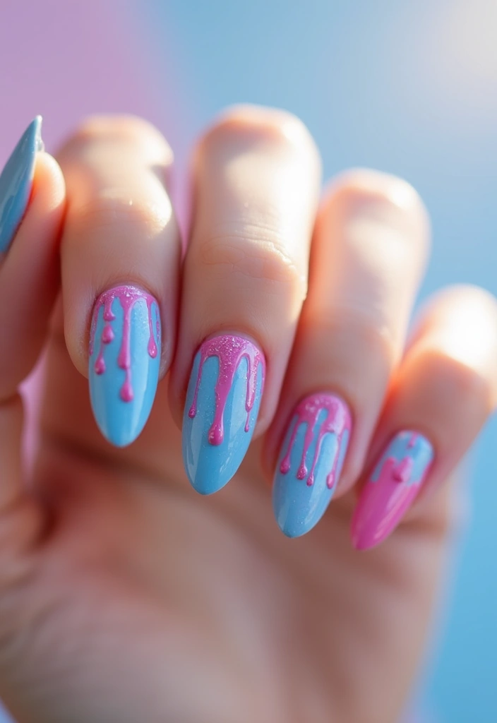 50 Versatile Blue Nail Ideas for Every Mood and Epic Moment - 19. Blue and Pink Drip Nails