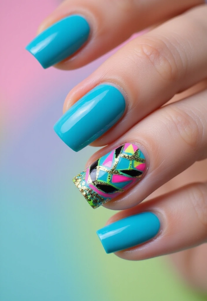 50 Versatile Blue Nail Ideas for Every Mood and Epic Moment - 22. Vivid Cyan with Neon Accents
