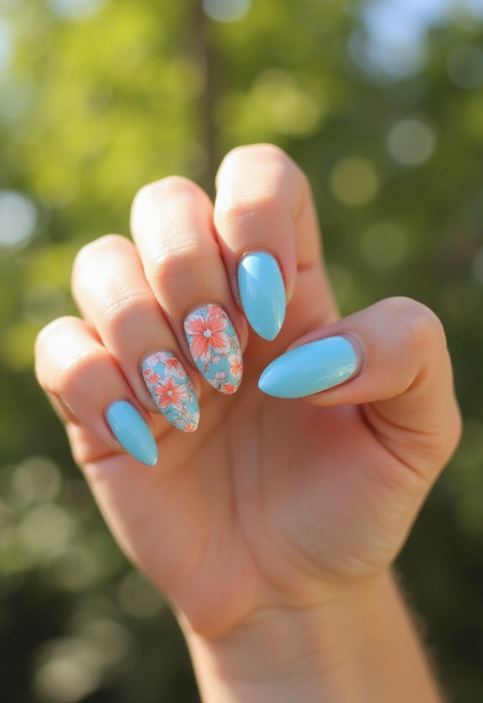 50 Versatile Blue Nail Ideas for Every Mood and Epic Moment - 23. Light Blue and Coral Combo