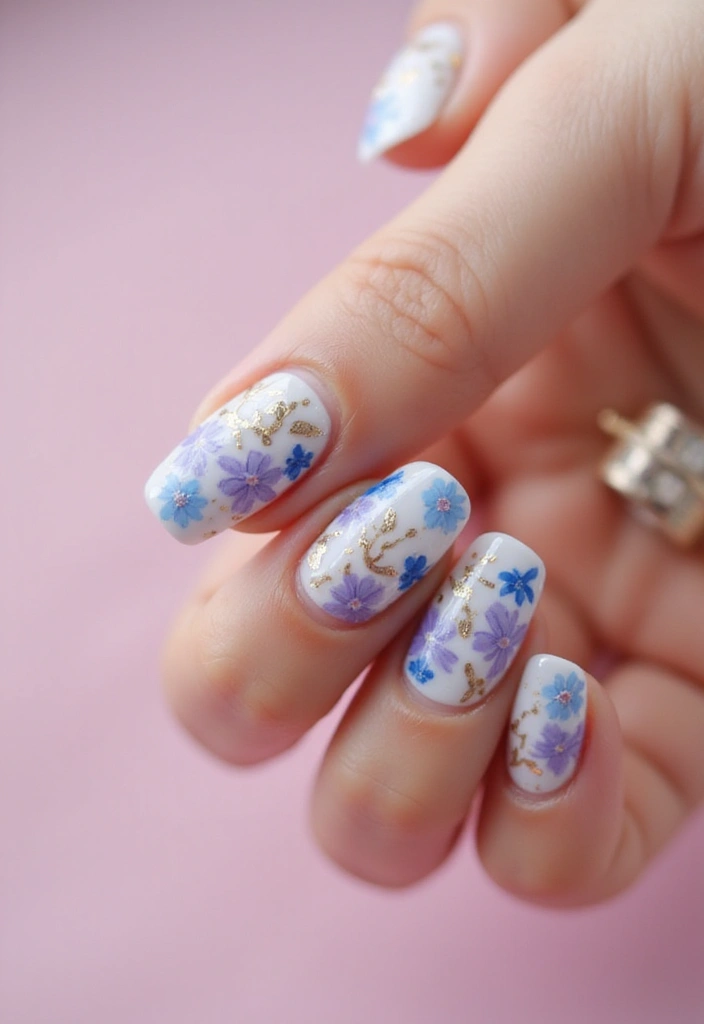 50 Versatile Blue Nail Ideas for Every Mood and Epic Moment - 24. Blue and Lavender Floral Design