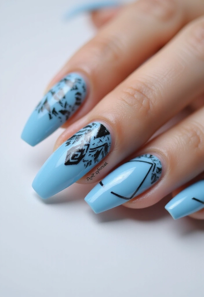 50 Versatile Blue Nail Ideas for Every Mood and Epic Moment - 28. Light Blue with Black Nail Art
