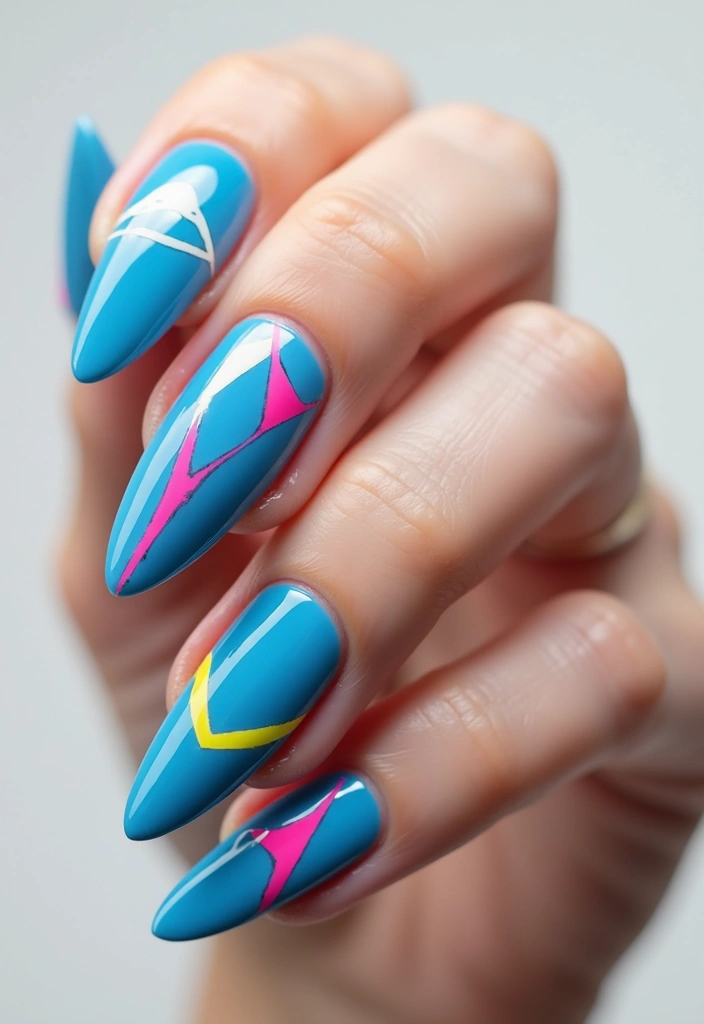 50 Versatile Blue Nail Ideas for Every Mood and Epic Moment - 3. Electric Blue Geometric Patterns