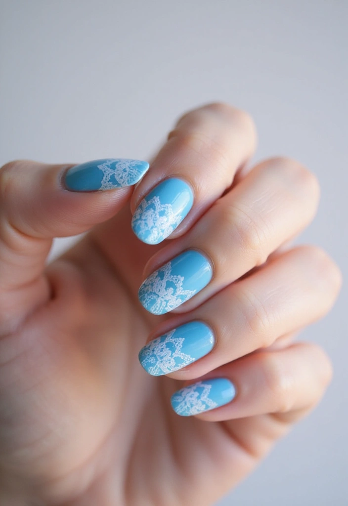 50 Versatile Blue Nail Ideas for Every Mood and Epic Moment - 35. Frosted Blue with Lace Patterns