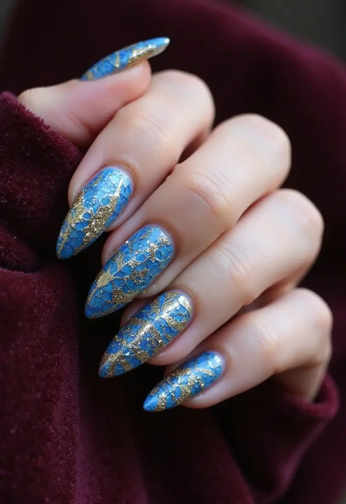 50 Versatile Blue Nail Ideas for Every Mood and Epic Moment - 42. Blue and Gold Mosaic