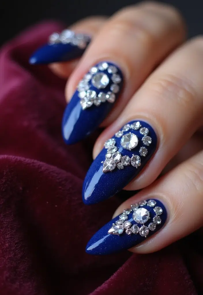 50 Versatile Blue Nail Ideas for Every Mood and Epic Moment - 45. Velvet Blue with Gems