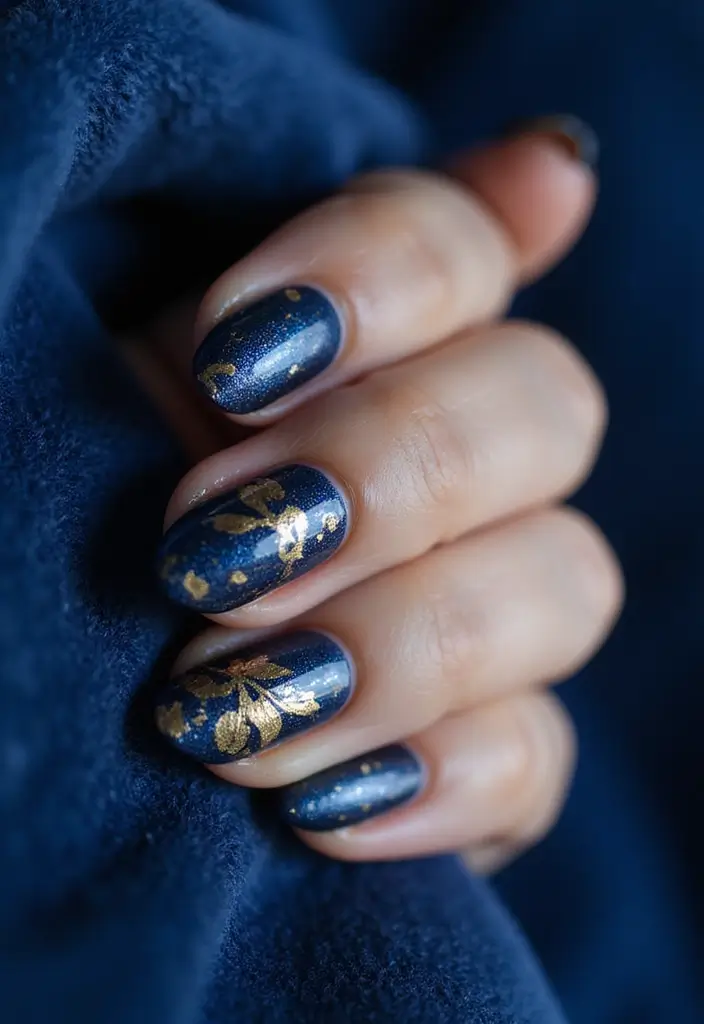 50 Versatile Blue Nail Ideas for Every Mood and Epic Moment - 47. Blue and Gold Leaf Design