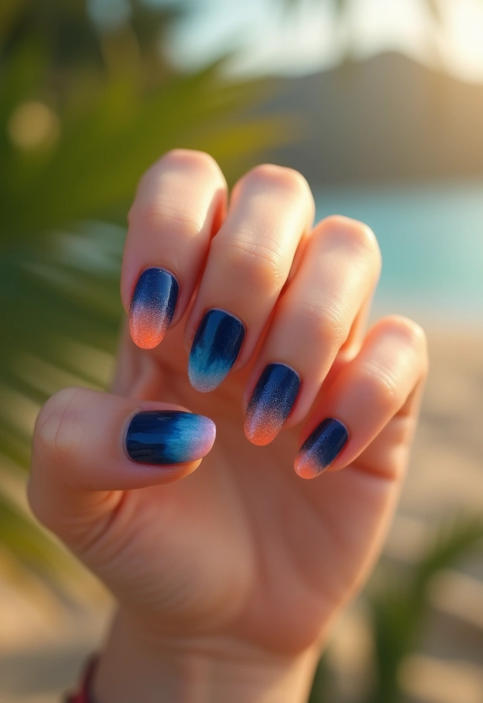 50 Versatile Blue Nail Ideas for Every Mood and Epic Moment - 49. Blue and Orange Sunset Nails