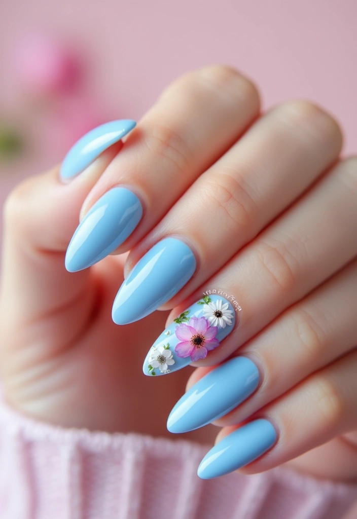 50 Versatile Blue Nail Ideas for Every Mood and Epic Moment - 5. Light Blue Floral Accents