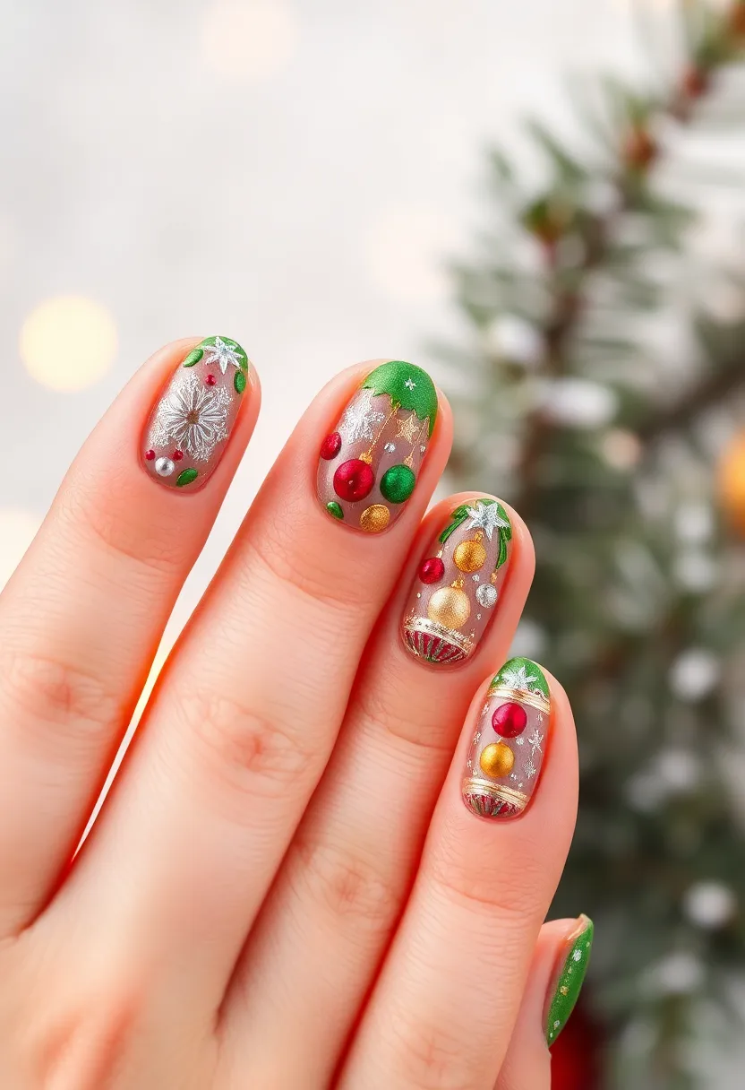 50 Winter Nail Ideas for 2025's Cozy - 27. Holiday Ornaments